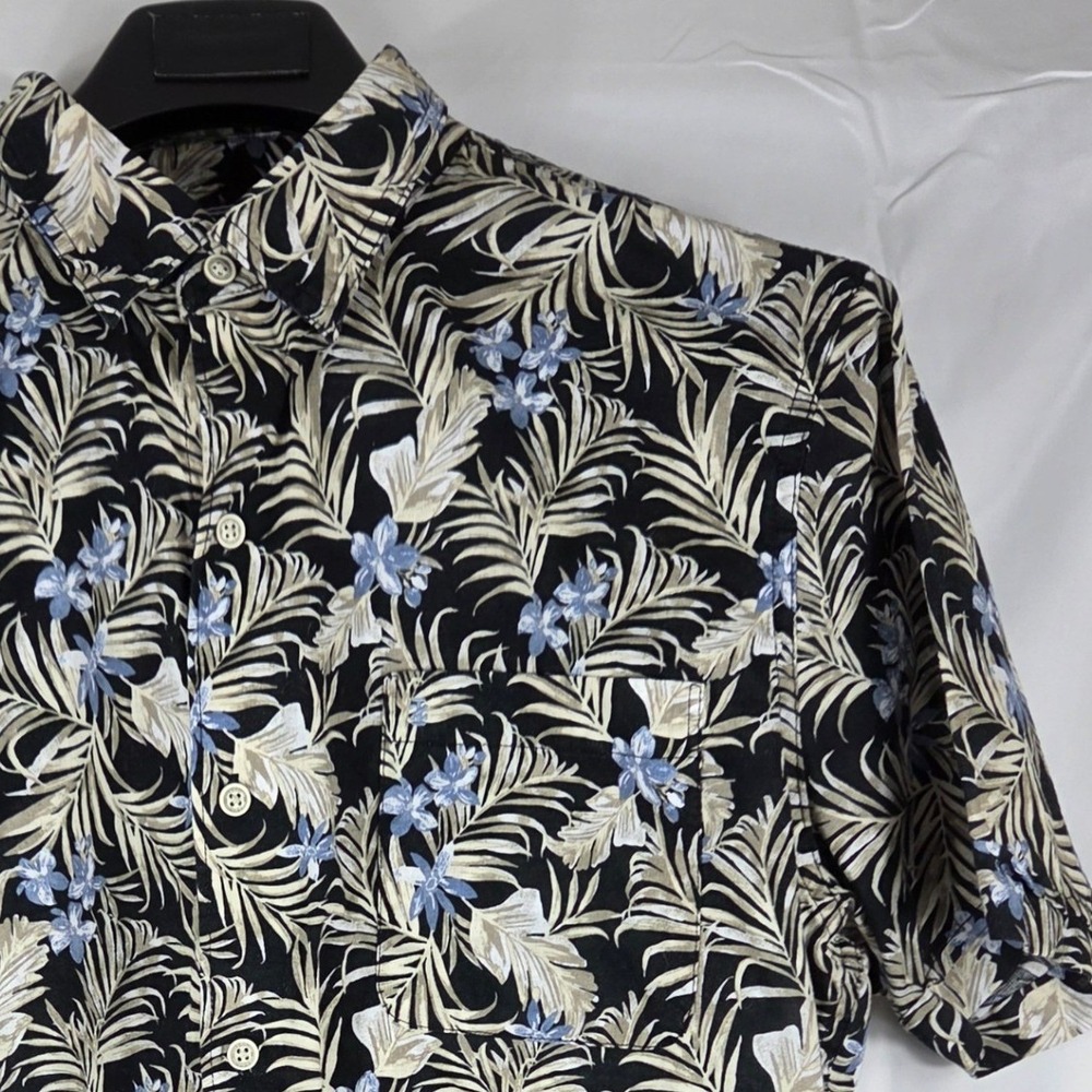 Izod Saltwater Mens Large Black‎ Tropical Palm Floral Cotton Button Down Shirt